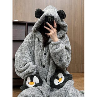 韩国卡通企鹅连帽睡衣女秋冬阳离子加厚长毛绒保暖长袖长裤套装