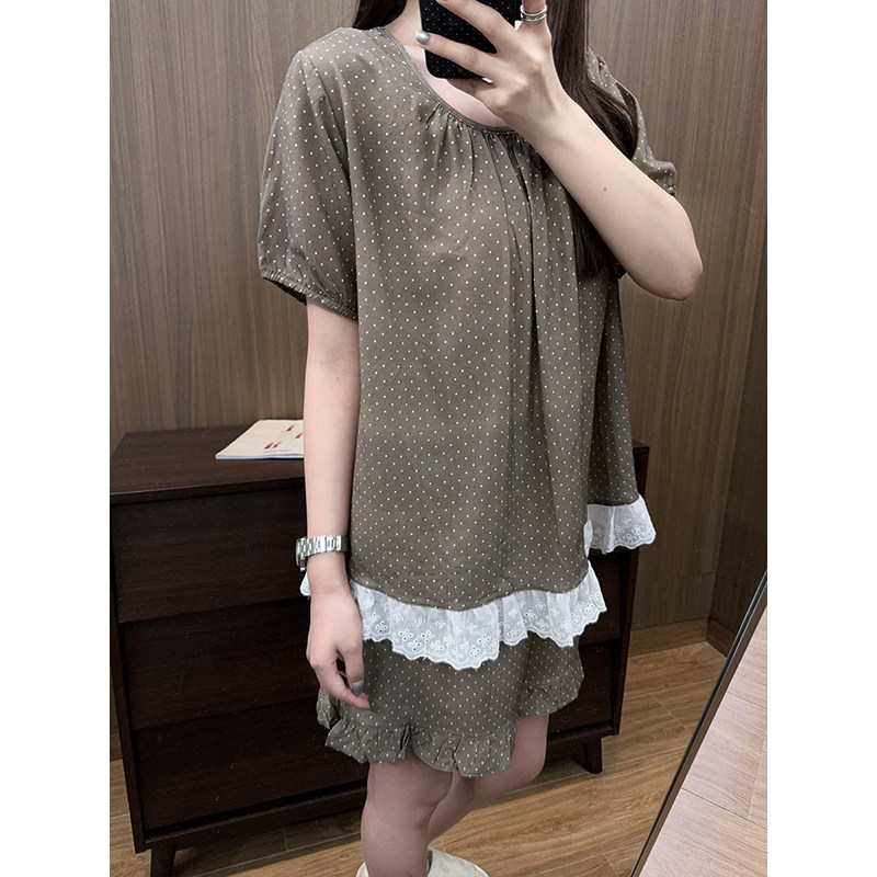 日系花边睡衣女莱赛尔波点夏季胸垫款薄款短袖短裤宽松家居服套装