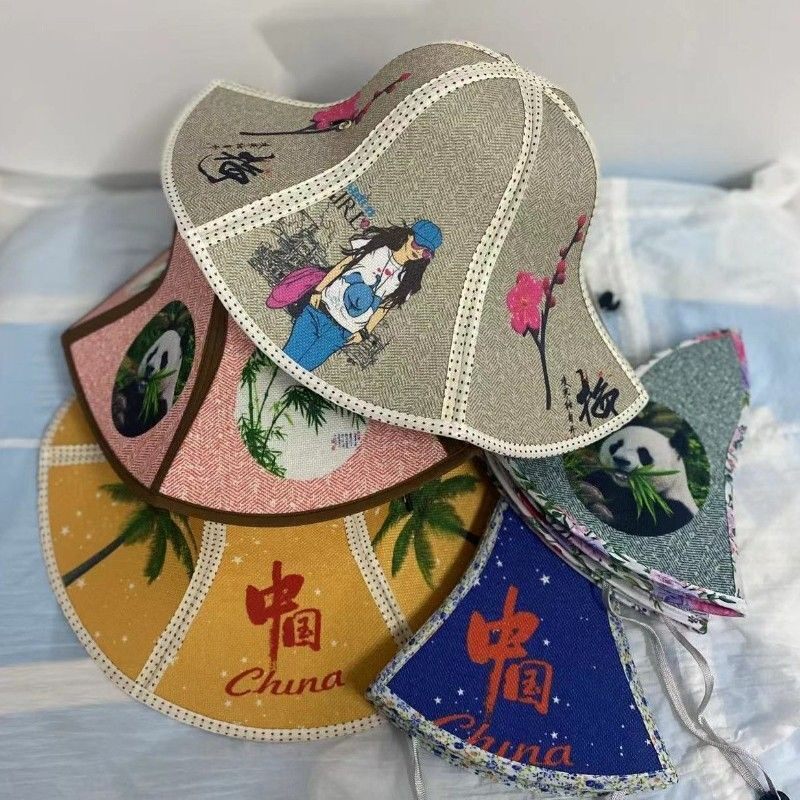 六片折叠帽子扇子两用亚麻花草帽男女遮阳太阳帽户外钓鱼帽防晒帽