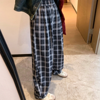 格子阔腿裤女春季新款高腰显瘦直筒裤韩版宽松拖地裤休闲格纹裤子