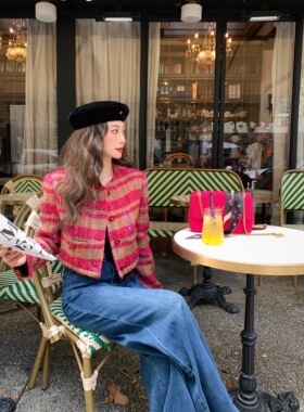 【现货】EAU DE MER 复古撞色玫红色系气质小香风短外套