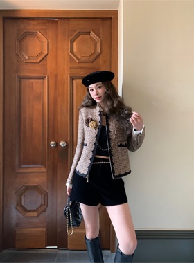 【现货】EAU DE MER 古巴假日 经典高级感立领撞色拼接粗花呢外套