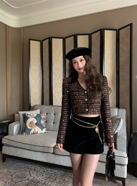 【现货】EAU DE MER 曼哈顿 千金感v领短款丝绒拼接亮片小香外套