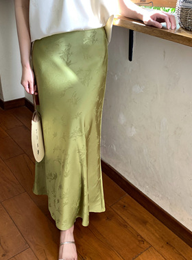 【现货】EAU DE MER 只此青绿 新中式高级优雅暗纹印花直筒半身裙