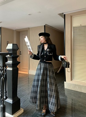 【现货】EAU DE MER 蕾丝拼接V领网纱黑白格纹半身裙小香气质外套