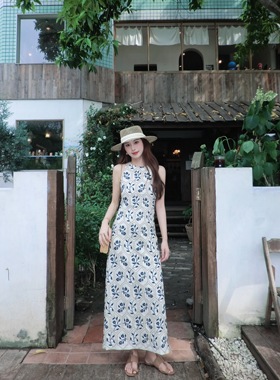 EAU DE MER 植物系重工刺绣气质收腰亚麻连衣裙
