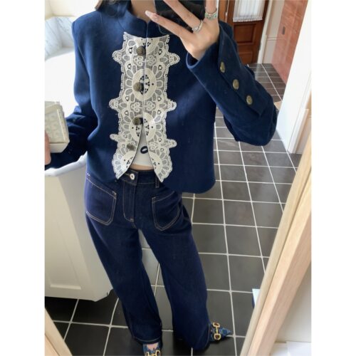 秋冬新品EDM·复古蕾丝设计立领仿麂皮藏青色拿破仑风短外套