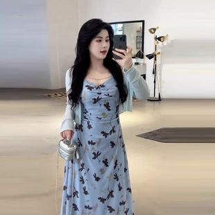 长裙两件套 大码 外穿碎花吊带连衣裙套装 女夏季 胖mm温柔风防晒开衫