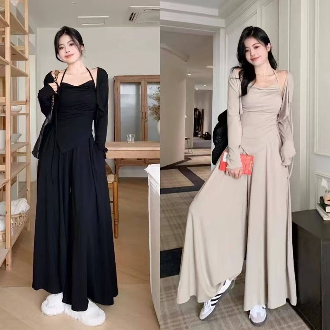 套装女夏季温柔风吊带背心长袖防晒开衫垂感阔腿裤显瘦长裤三件套