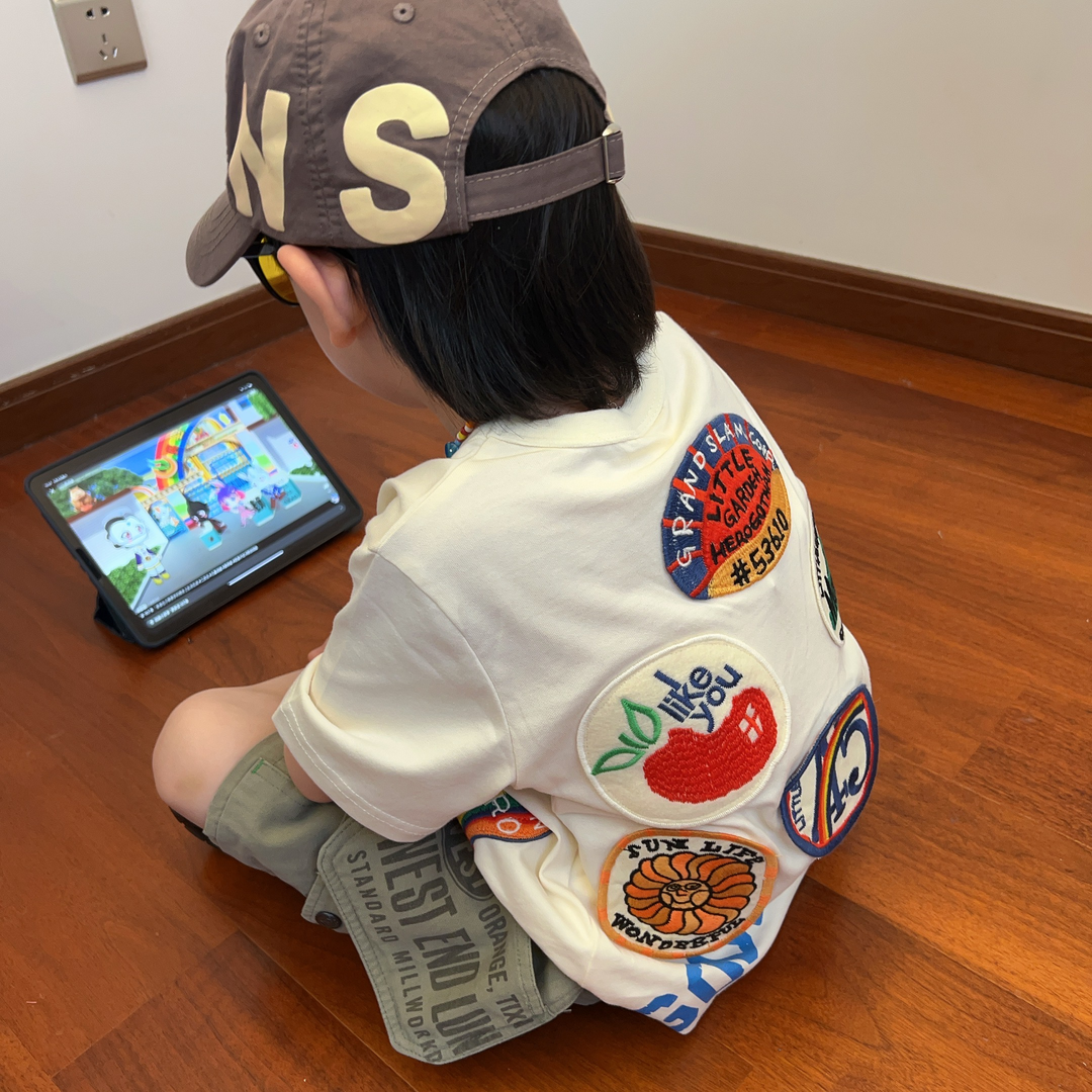 潮牌儿童纯棉短袖T恤2025夏季男童中小童刺绣印花宽松套头衫上衣