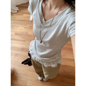 韩系夏季 通勤风休闲纯欲V领蕾丝花边拼接下摆褶皱掐腰短袖 T恤女潮