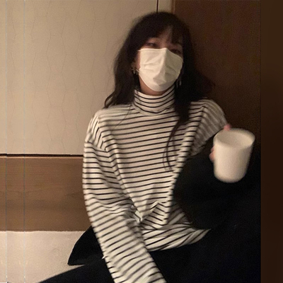 条纹德绒高领长袖t恤女秋冬内搭保暖加绒打底衫休闲慵懒外穿上衣