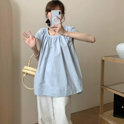 樱桃小姐法式包肩短袖衬衫女夏季新款设计感宽松百搭圆领小衫上衣