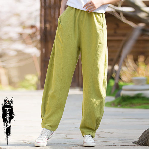 2026春季新款宽松大码苎麻拼接休闲长裤瑜伽裤砂洗百搭女式灯笼裤