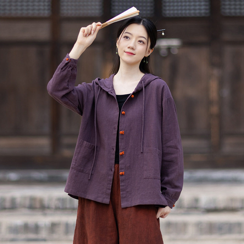 2026夏季新款宽松休闲连帽撞色盘扣防晒衬衫上衣女砂洗棉麻外套