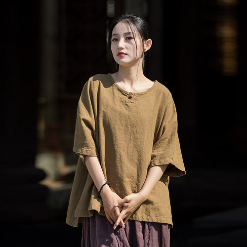 秋棉麻女装新品原创新中式改良套头衫苎麻砂洗盘扣女式短袖T恤衫