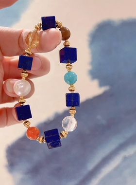 青金石黄水晶白水晶淡水珍珠多宝天然石手串单圈弹力绳原创镀金秋