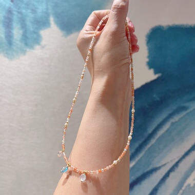 天然橙色太阳石小米珠法式项链原创设计小众轻奢ins风叠戴糖豆坠