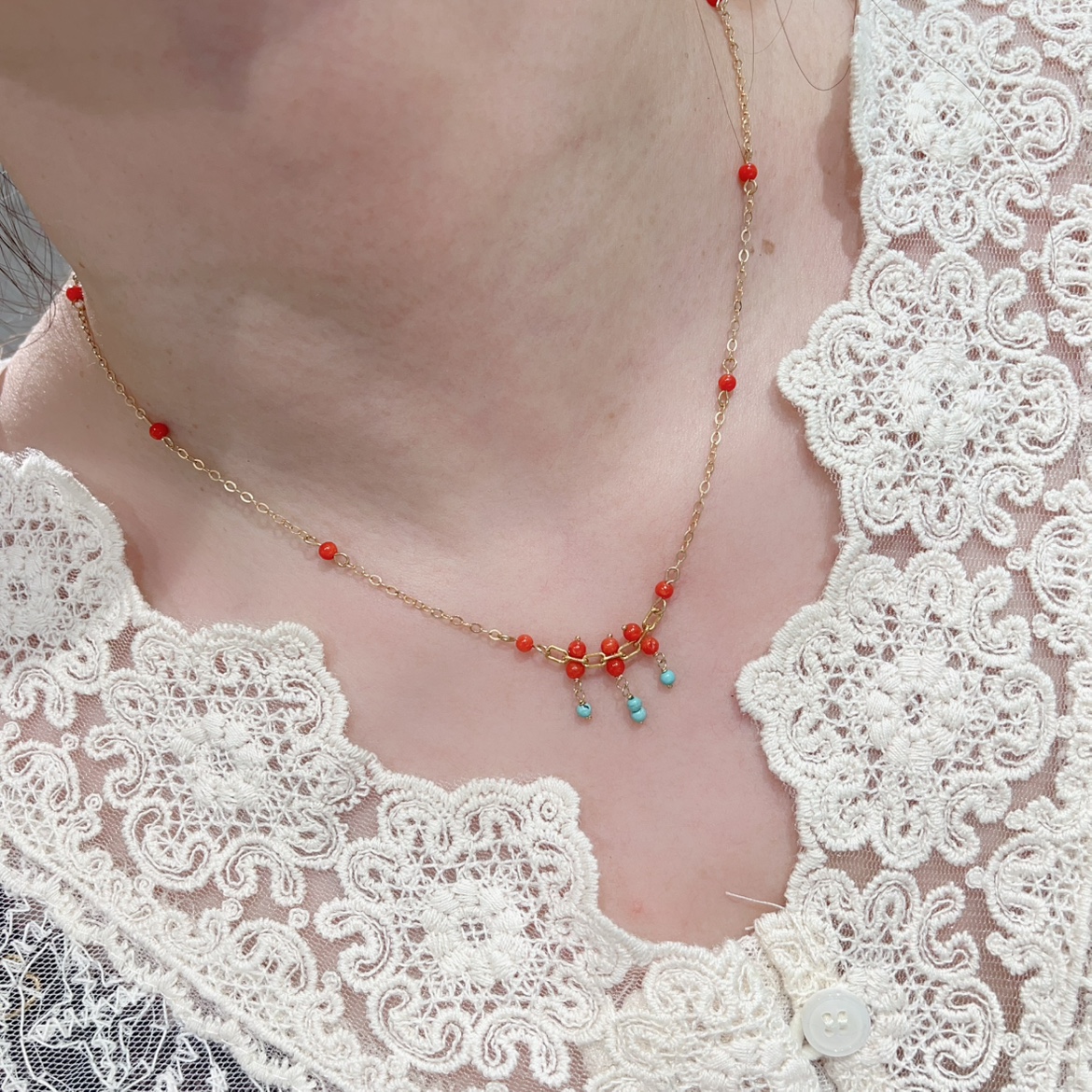 天然南红绿松项链14k包金锁骨链小众设计ins风女款夏季红色民族