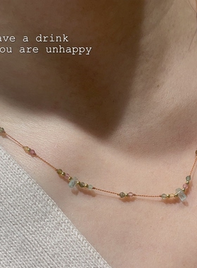 天然彩色碧玺祖母绿镀金锁骨链