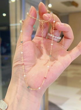 天然珍珠彩色碧玺链条满天星锁骨链项链女款小众ins风简约14k包金