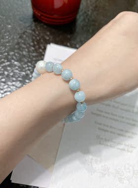 天然海蓝宝手链14k包金女原创设计叠带搭配8mm气质手串清新简约女