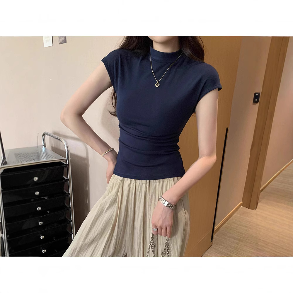 设计感纯色修身短袖T恤女2025夏季新款显瘦百搭学生半高领上衣潮