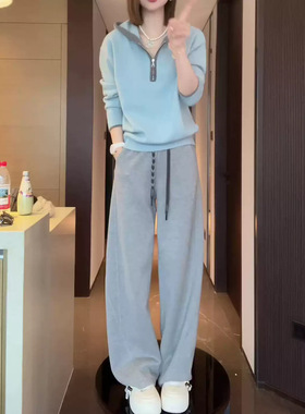 时尚休闲套装女春秋季2025新款气质宽松拼色连帽卫衣阔腿裤