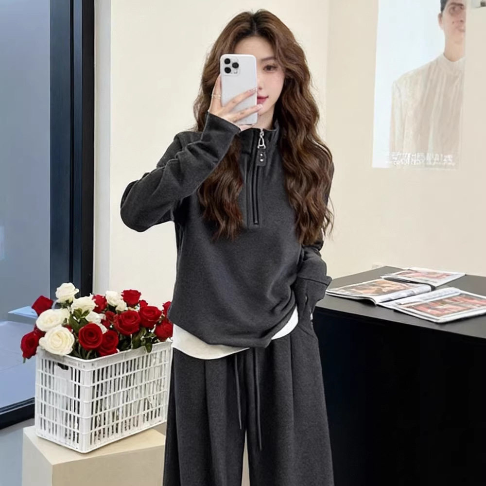 深圳南油高级感套装女深灰色立领卫衣阔腿裤秋冬显瘦减龄盐系穿搭