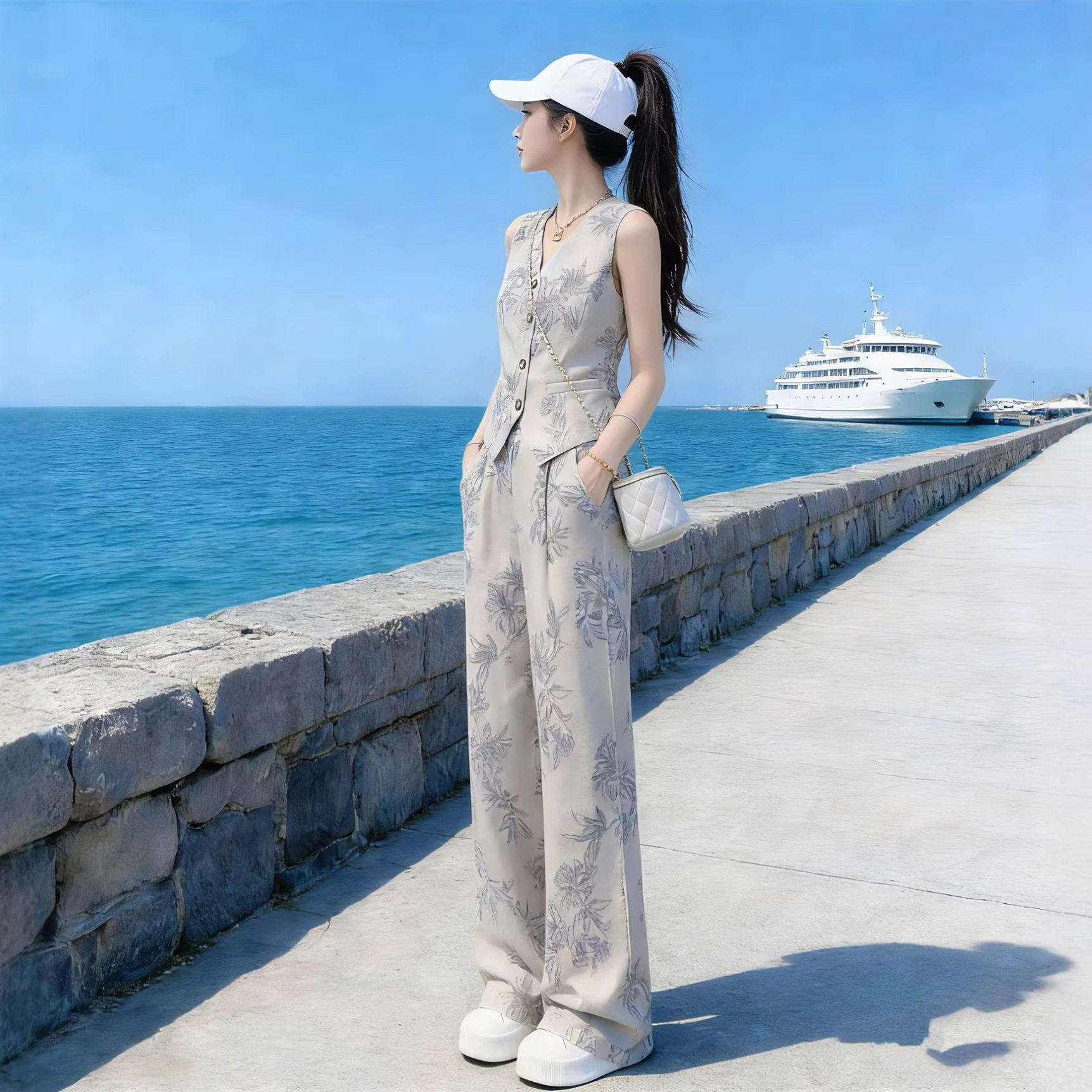 夏季女装套装轻奢高级感女人味气质印花无袖马甲上衣阔腿裤两件套