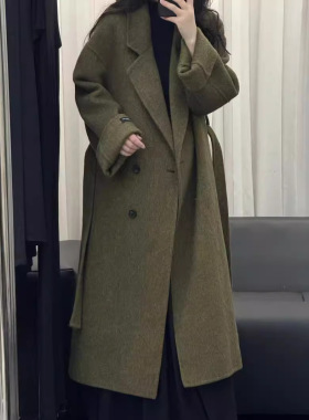 新款秋冬长款双面羊毛大衣女韩系双排扣腰带宽松加厚保暖毛呢外套