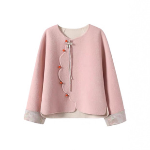 羊毛大衣女粉色圆领新中式盘扣短款2025新款国风复古毛呢外套秋冬