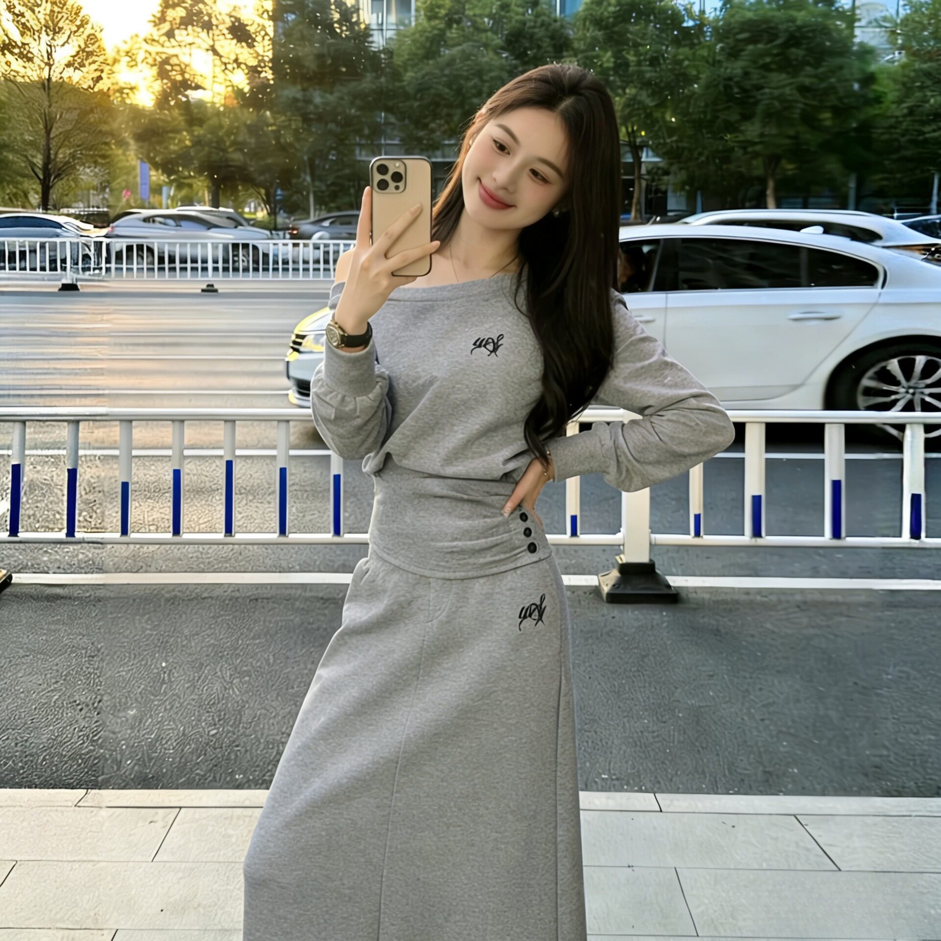 韩系一整套ootd穿搭套装早春休闲减龄慵懒风灰色卫衣半身裙两件套