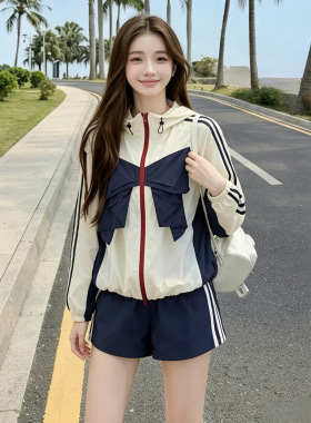 休闲运动套装女夏季网红时尚炸街百搭拼色防晒衣短裤两件套洋气