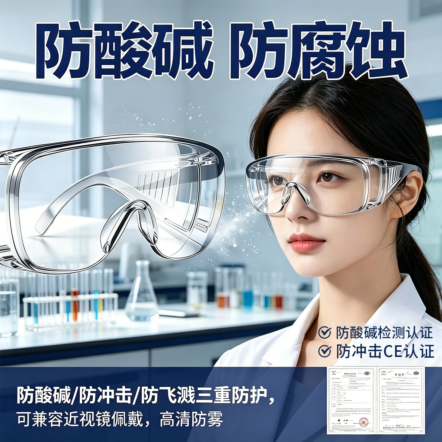 德国化学实验室护目镜防腐蚀耐酸碱防雾防飞溅可戴眼镜防护眼镜