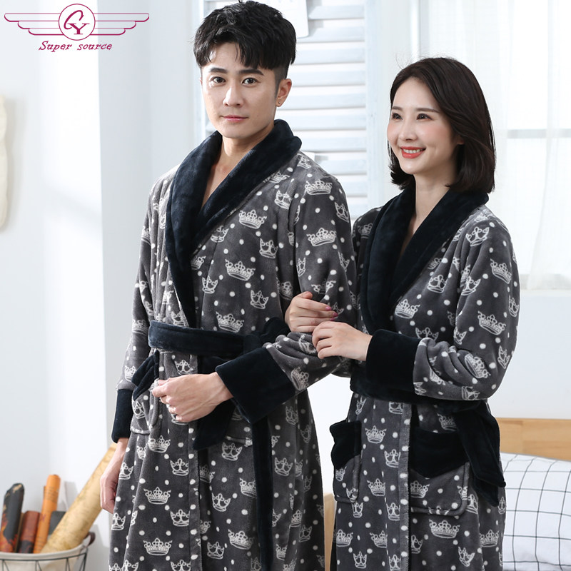 睡袍女秋冬加厚加长款印花法兰绒保暖睡衣男珊瑚绒浴袍情侣款一对