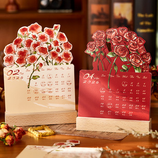 2026年玫瑰宣言手绘插画木质插卡台历唯美ins风女生款 高颜值办公室桌面摆件学生中高考倒计时新年伴手礼定制