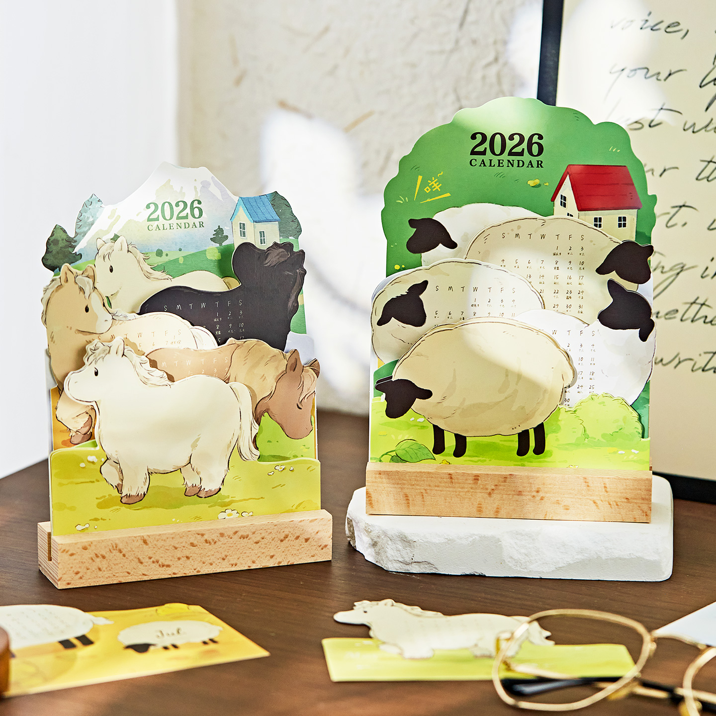 2026年牧场谧语可爱立体台历手绘插画田园风木质插卡高颜值办公室桌面摆件学生中高考倒计时打卡月历公司定制