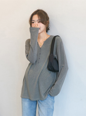 孕妇装莫代尔v领T恤打底衫2025新款早春秋季灰色内搭百搭长袖上衣