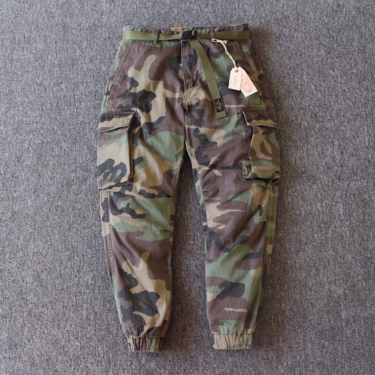 欧美复古阿美咔叽多口袋军旅迷彩工装裤男宽松小直筒束脚裤长裤男