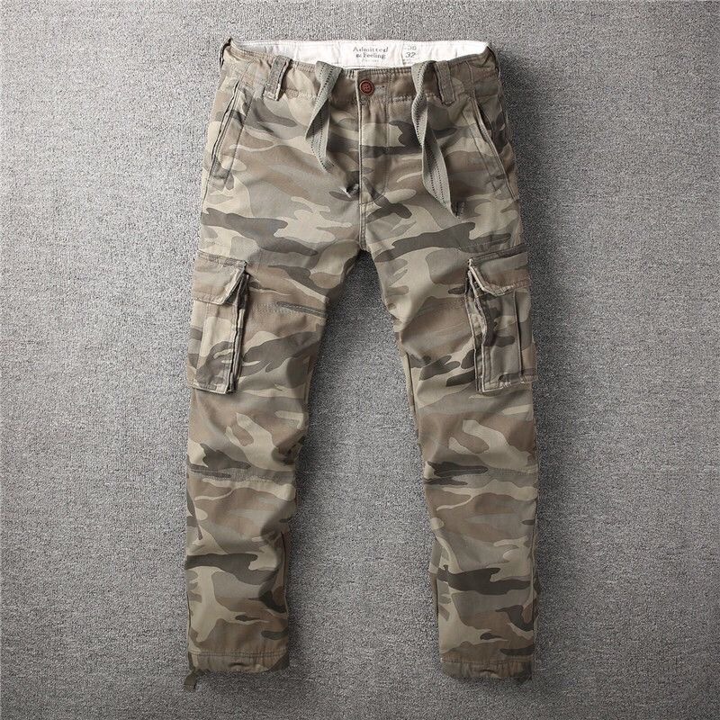 秋冬季新款加绒加厚宽松大码迷彩工装裤男欧美复古水洗休闲长裤男
