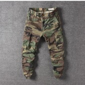 男美式 复古水洗耐磨多口袋余文乐工装 裤 迷彩裤 潮牌宽松束脚长裤 男