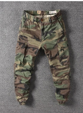 迷彩裤男美式复古水洗耐磨多口袋余文乐工装裤潮牌宽松束脚长裤男