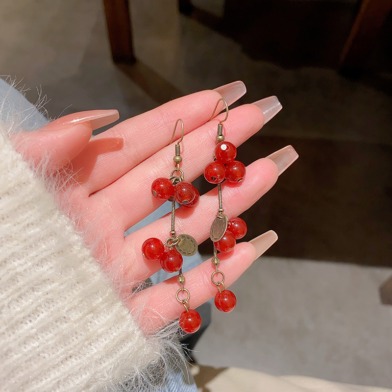 新中式古风红色喜庆果子耳环女S925银针独特设计感樱桃耳钉耳饰品