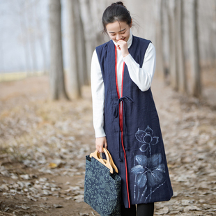 复古文艺禅意女茶服国学服装 玉想品荷 女装 手绘长款 中式 加棉马甲