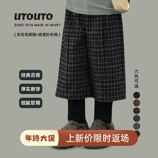宝儿休闲羊毛呢保暖百搭长裤 新款 子冬季 大耳象女童格纹假两件裤