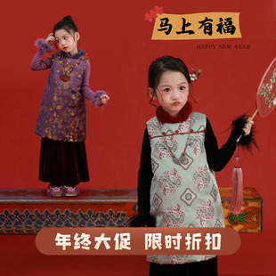 大耳象女童毛领旗袍裙冬新款 宝儿夹棉拜年服织锦保暖气质连衣裙子