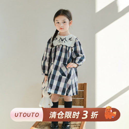utouto春秋刺绣格纹连衣裙
