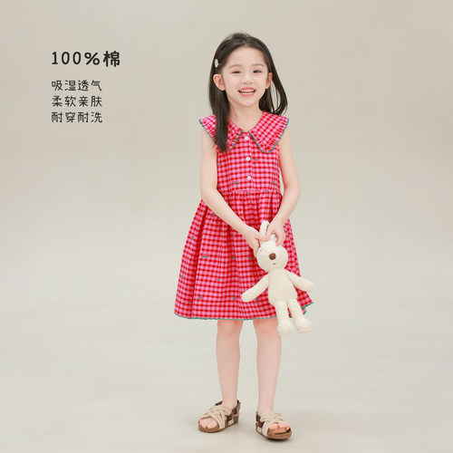 大耳象女童翻领格纹连衣裙2026夏季新款宝儿刺绣娃娃领无袖裙子薄