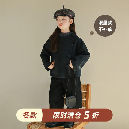 utouto大耳象女童斜门襟口袋呢大衣羊毛2024冬季新款儿童时髦外套